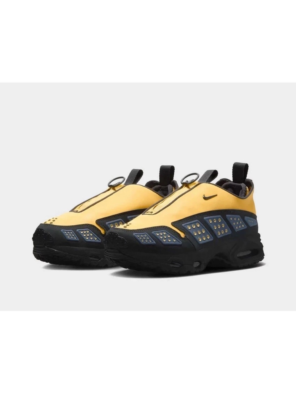 Nike Women's Yellow and Black Slip-On Sneakers with Blue Details